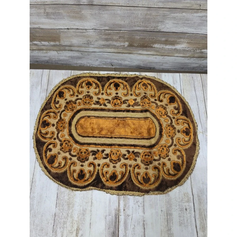 Vintage Brown Gold Velvet Baroque Scroll Table Runner Lace Trim 18.5x12.5 READ